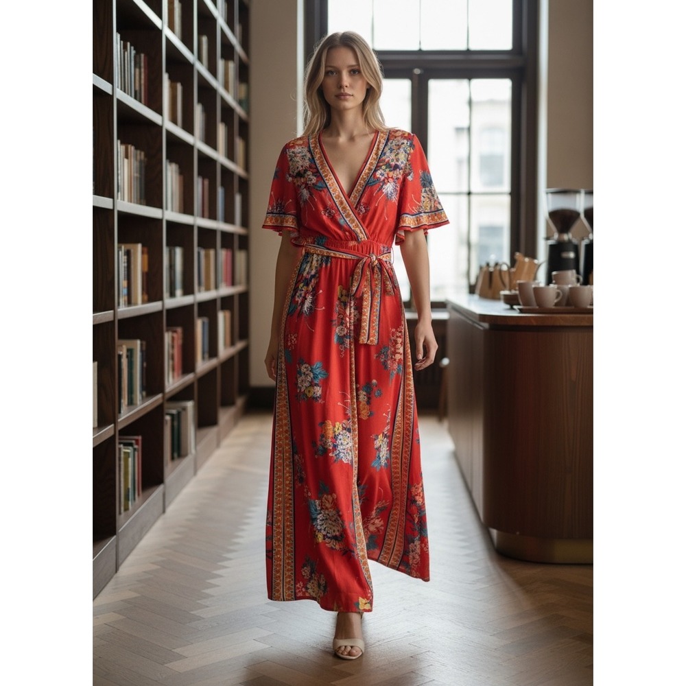 Flying Tomato Jumpsuit Medium Red Floral Wide Leg Boho Tie Waist Festival M